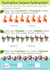 Australian Animal Subtraction Worksheet